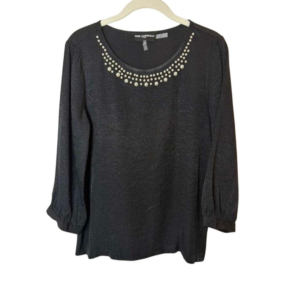 Karl Lagerfeld Paris Faux Pearl Neckline Women's Blouse in Black sz. Small
